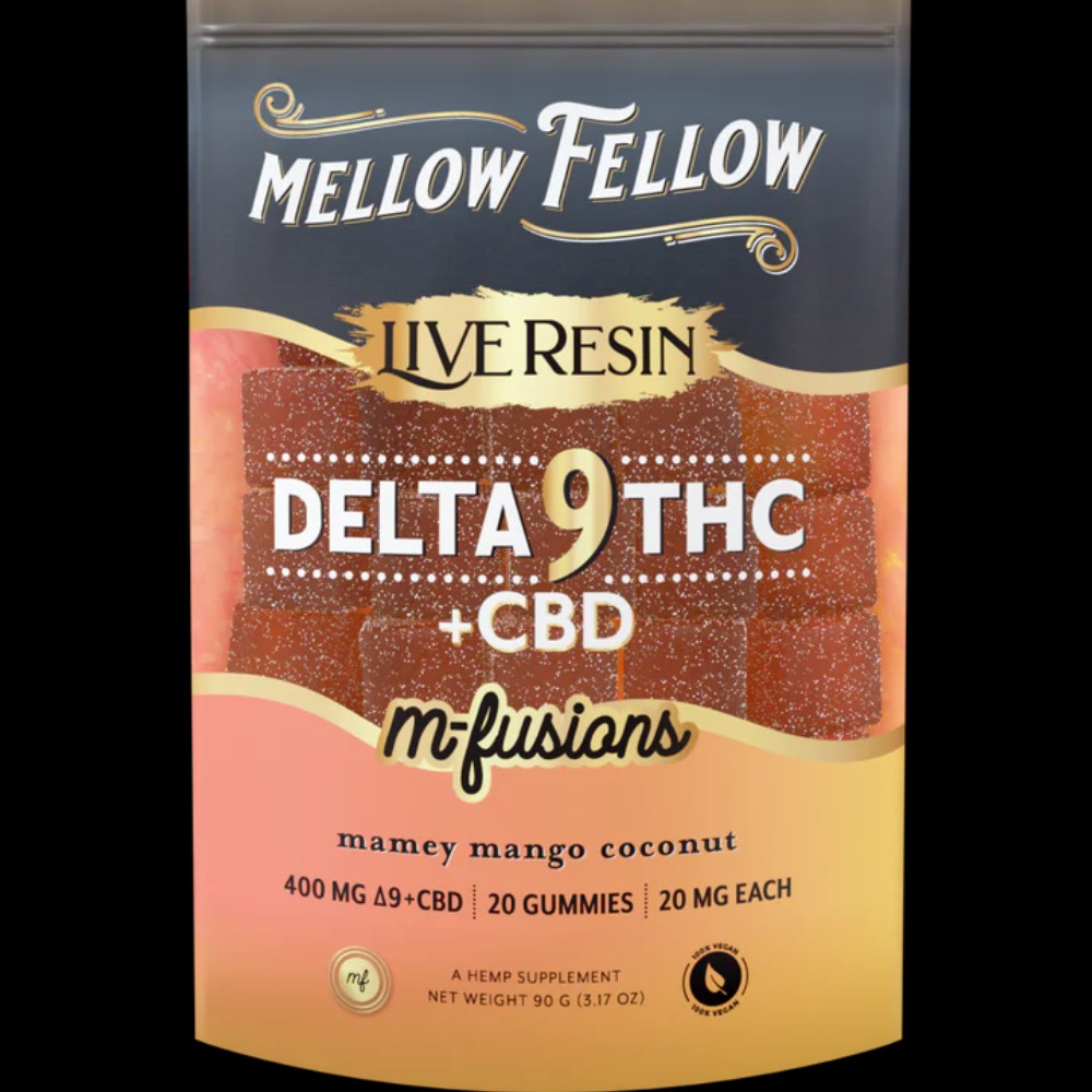 Mellow Fellow Live Resin Delta 9 THC + CBD M-fusions Mamey Mango Coconut 400mg 20 Gummies 20mg Each — thc products at Marietta Vapes smoke shop in Marietta, GA