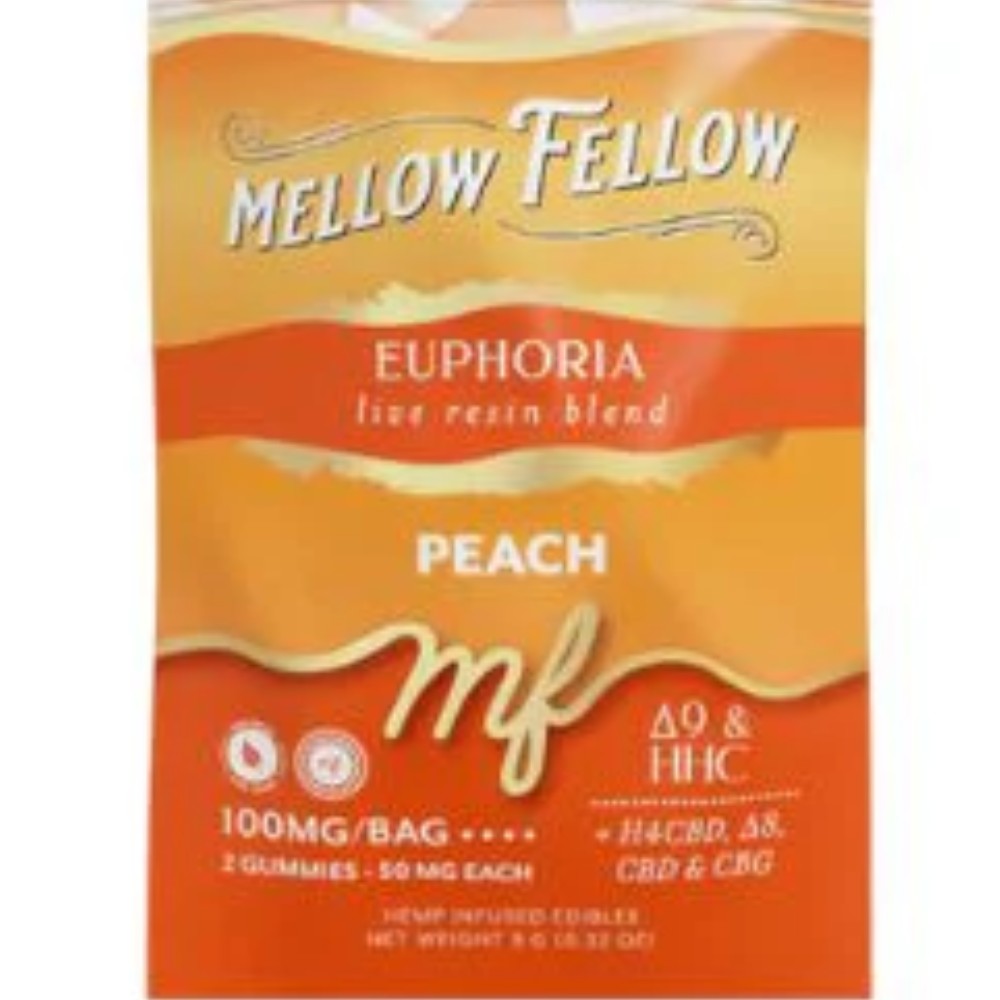 Mellow Fellow Euphoria Live Resin Blend Peach 100mg/bag 2 Gummies 50 mg Each — thc products at Marietta Vapes smoke shop in Marietta, GA
