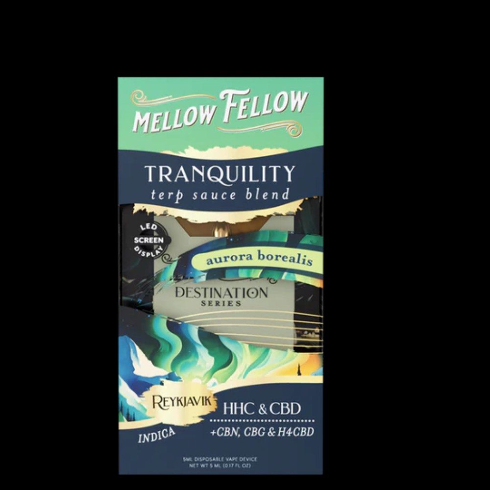 Mellow Fellow Tranquility terp sauce blend HHC&CBD+CBN,CBG,H4CBD led screen display 5gram disposable Aurora Borealis Reykjavik Indica — thc products at Marietta Vapes smoke shop in Marietta, GA