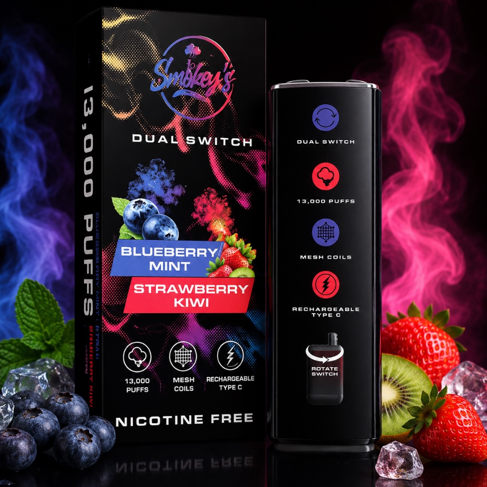 SMOKEY’S DUAL SWITCH NICOTINE FREE 13000 PUFFS BLUEBERRY MINT & STRAWBERRY KIWI